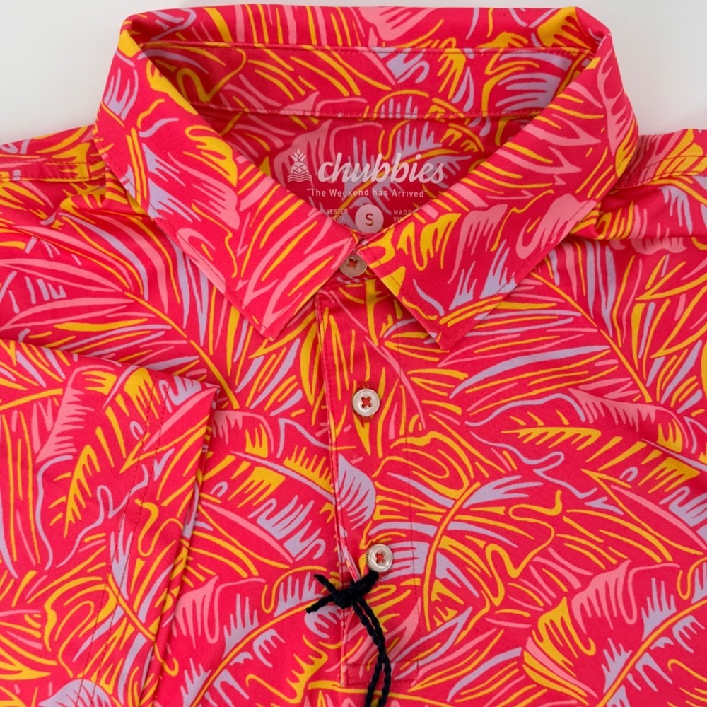 Chubbies Mens S Pink Tropical Palm Leaf Performance Polo Shirt NEW RN 143198